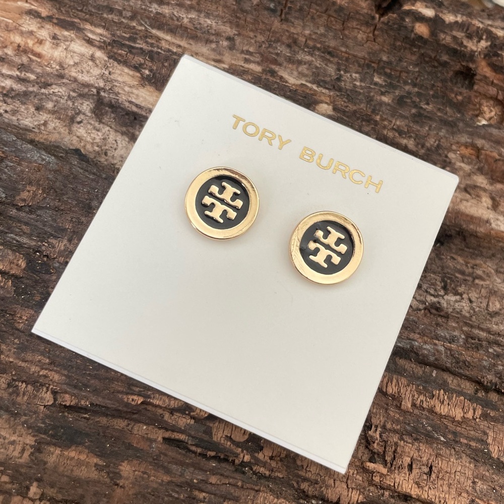 Tory Burch Black and Gold Logo Earrings